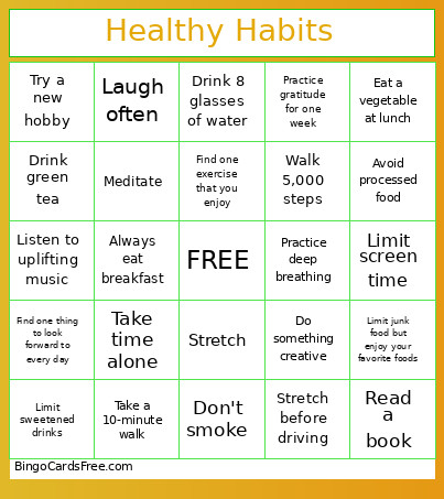 Healthy Habits Bingo Card