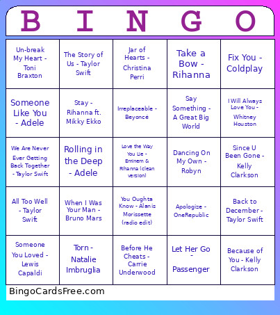 Heart Break Anthems Bingo Card