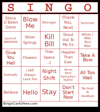 Heart Break Singo Bingo Card