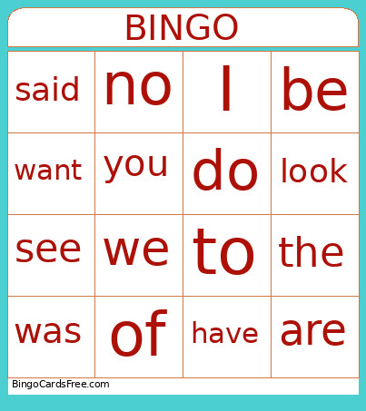 Heart Word Bingo Card