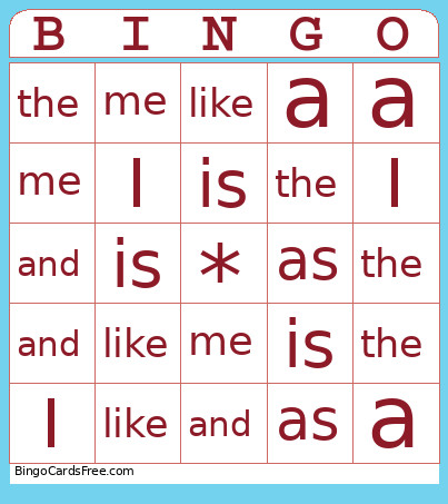 Heart Word Bingo Card