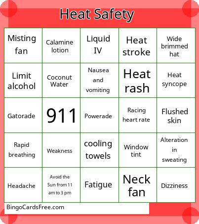 Heat Safety Bingo Cards Free Pdf Printable Game, Title: Heat Safety 