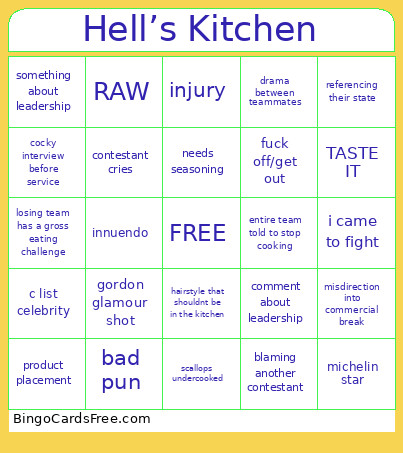 Hell’s Kitchen Bingo Card