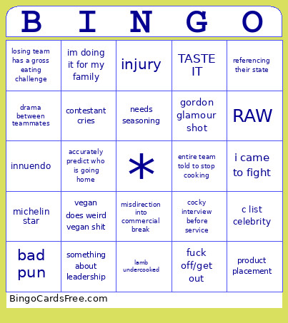 Hell’s Kitchen Bingo Card