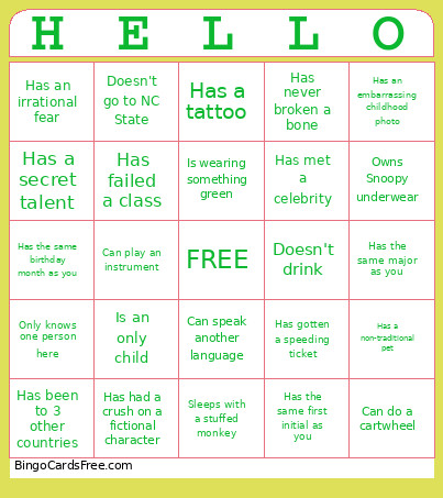 Hello Bingo Card