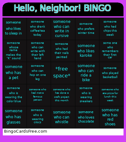 Hello, Neighbor! Bingo Card