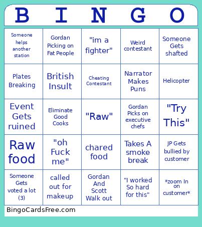 Hells Kitchen Bingo Card
