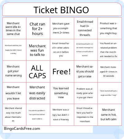 Help Ticket BINGO Cards Free Pdf Printable Game, Title: Ticket BINGO