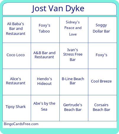 Hendo’s Hideout Bingo Cards Free Pdf Printable Game, Title: Jost Van Dyke