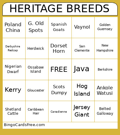 Heritage Breeds Bingo Card
