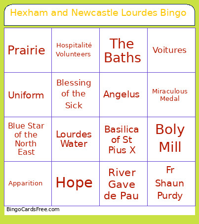 Hexham And Newcastle Lourdes Bingo Card