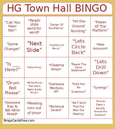 HG Town Hall Bingo Card