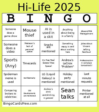 Hi Life 2025 Bingo Card