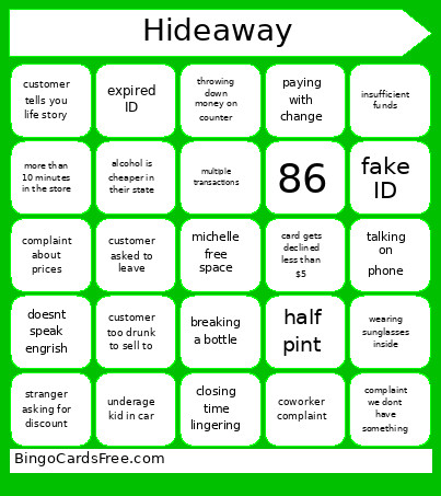 Hideaway Bingo Card