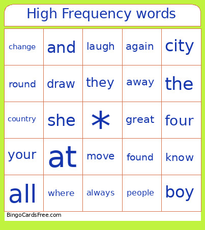 High Frequency Words Bingo Card