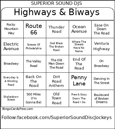 Highways & Biways Bingo Card