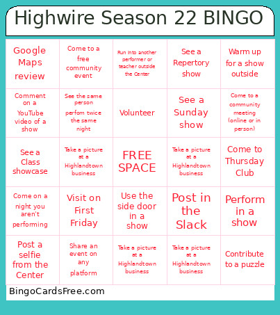 Highwire Season 22 Bingo Card