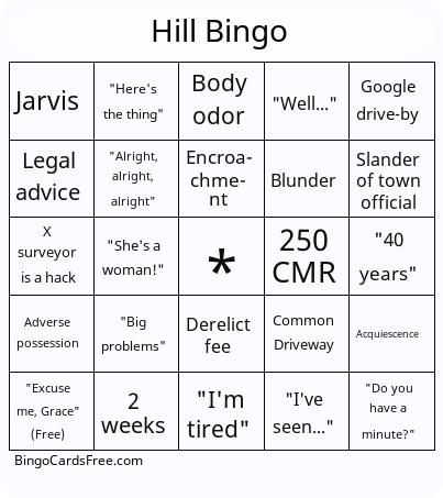 PLS Bingo Cards Free Pdf Printable Game, Title: Hill Bingo