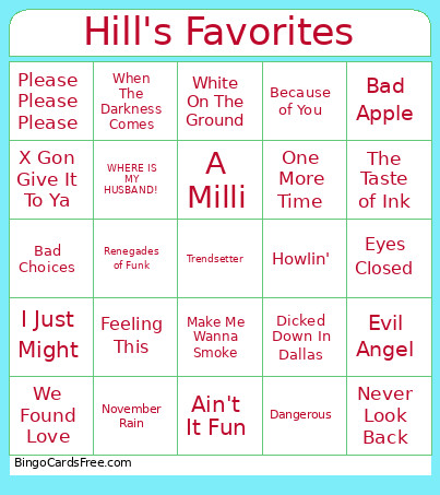 Hill's Favorites Bingo Card