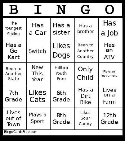 Hilltop Youth Bingo Card