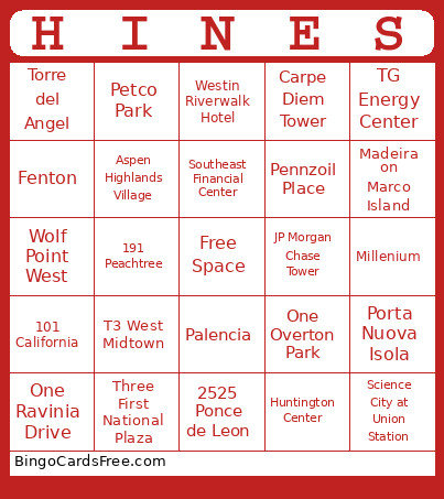 Hines Bingo Card