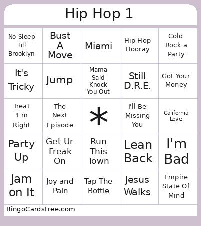 Hip Hop 1 Bingo Cards Free Pdf Printable Game, Title: Hip Hop 1