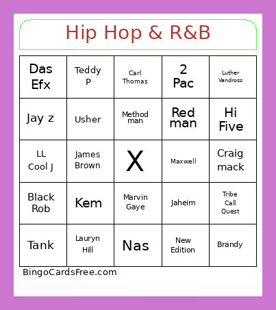 Hip Hop & R&B Bingo Card