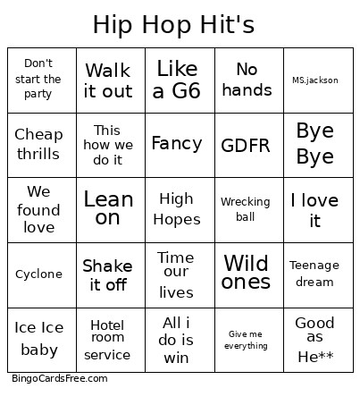 Hip Hops Playlist Bingo Card