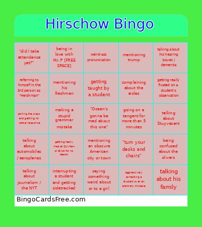 Hirschow Bingo Card