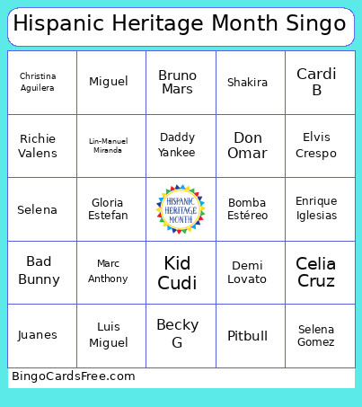 Hispanic Heritage Month Singo Bingo Card