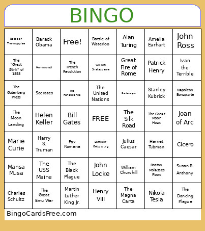 History Club Bingo Card