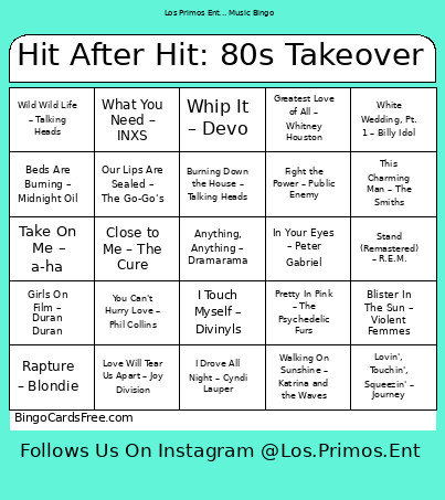Hit After Hit: 80s Takeover Bingo Card