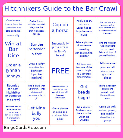 HItchhikers Guide To The Bar Crawl Bingo Card