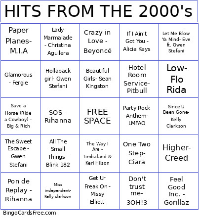 HITS FROM THE 2000's Bingo Card