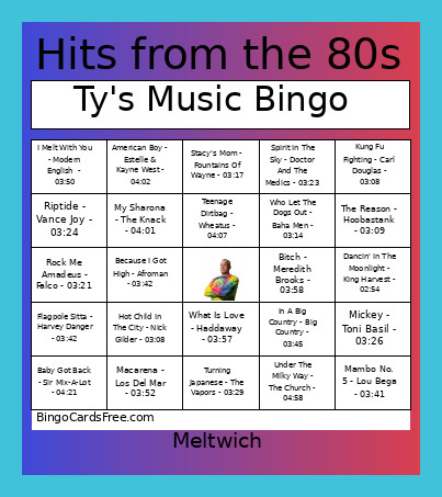 Hit's From The 80s 01 Bingo Card