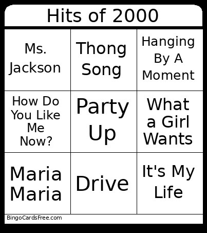 Hits Of 2000 Bingo Card