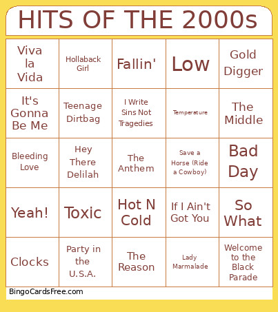 HITS OF THE 2000s Bingo Card