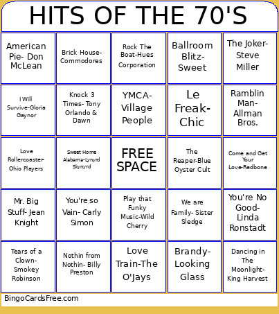 HITS OF THE 70'S Bingo Card