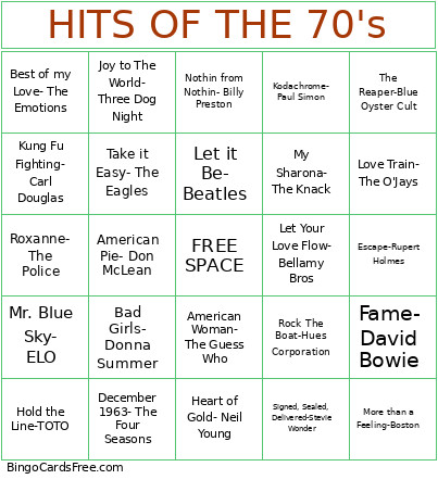 HITS OF THE 70's Bingo Card