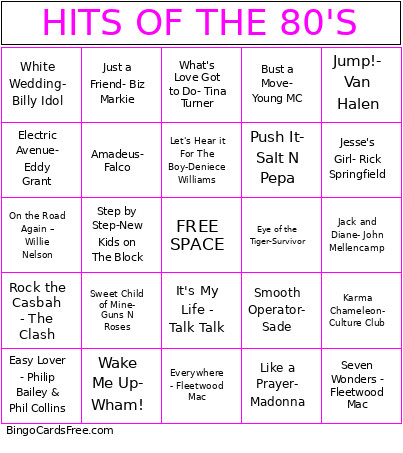 HITS OF THE 80'S Bingo Card