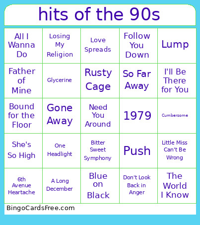 Hits Of The 90s Bingo Card
