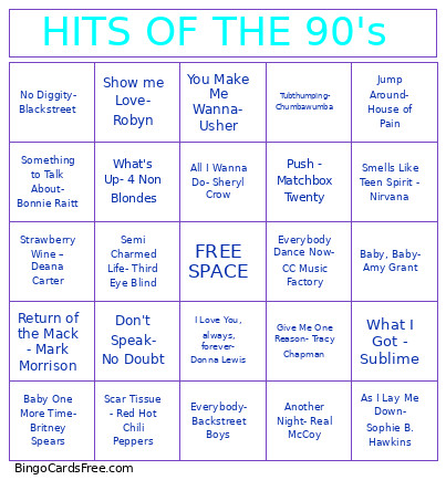 HITS OF THE 90's Bingo Card