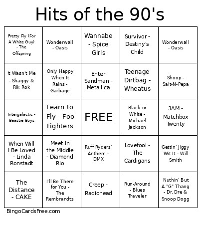 Hits Of The 90's Bingo Card