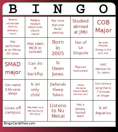 Hmc Bingo Card