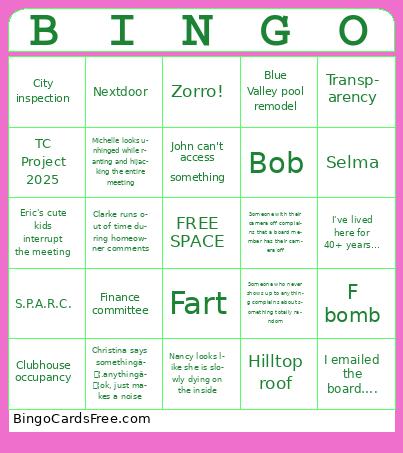 HOA monthly meeting Bingo