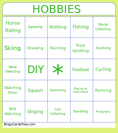 Hobbies Bingo Card