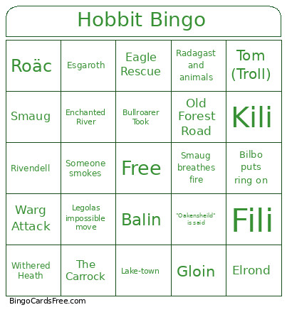 Hobbit Bingo Card