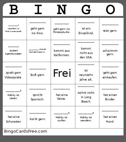 Hobbys, Hauptfächer, Usw Bingo Card