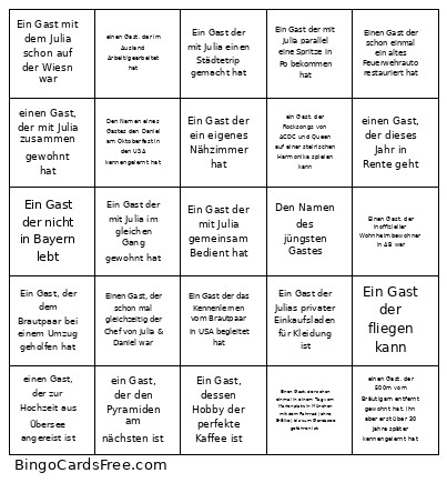 Hochzeits - Bingo Card