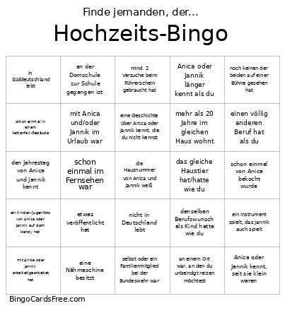 Hochzeits- Bingo Card